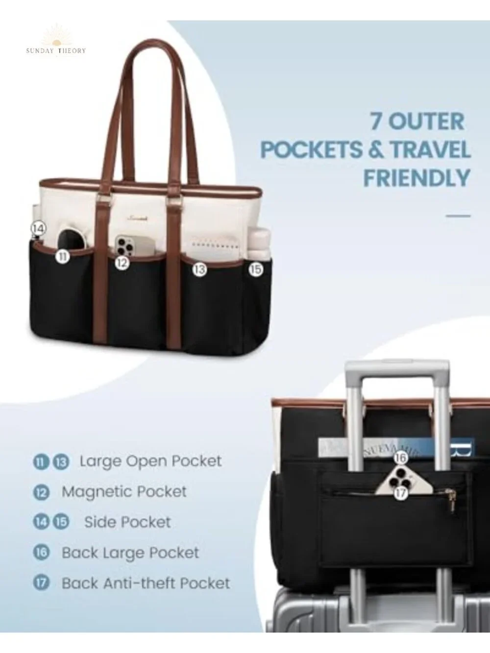 Quilted Laptop Tote Bag with Multi Pockets for Work Travel College
